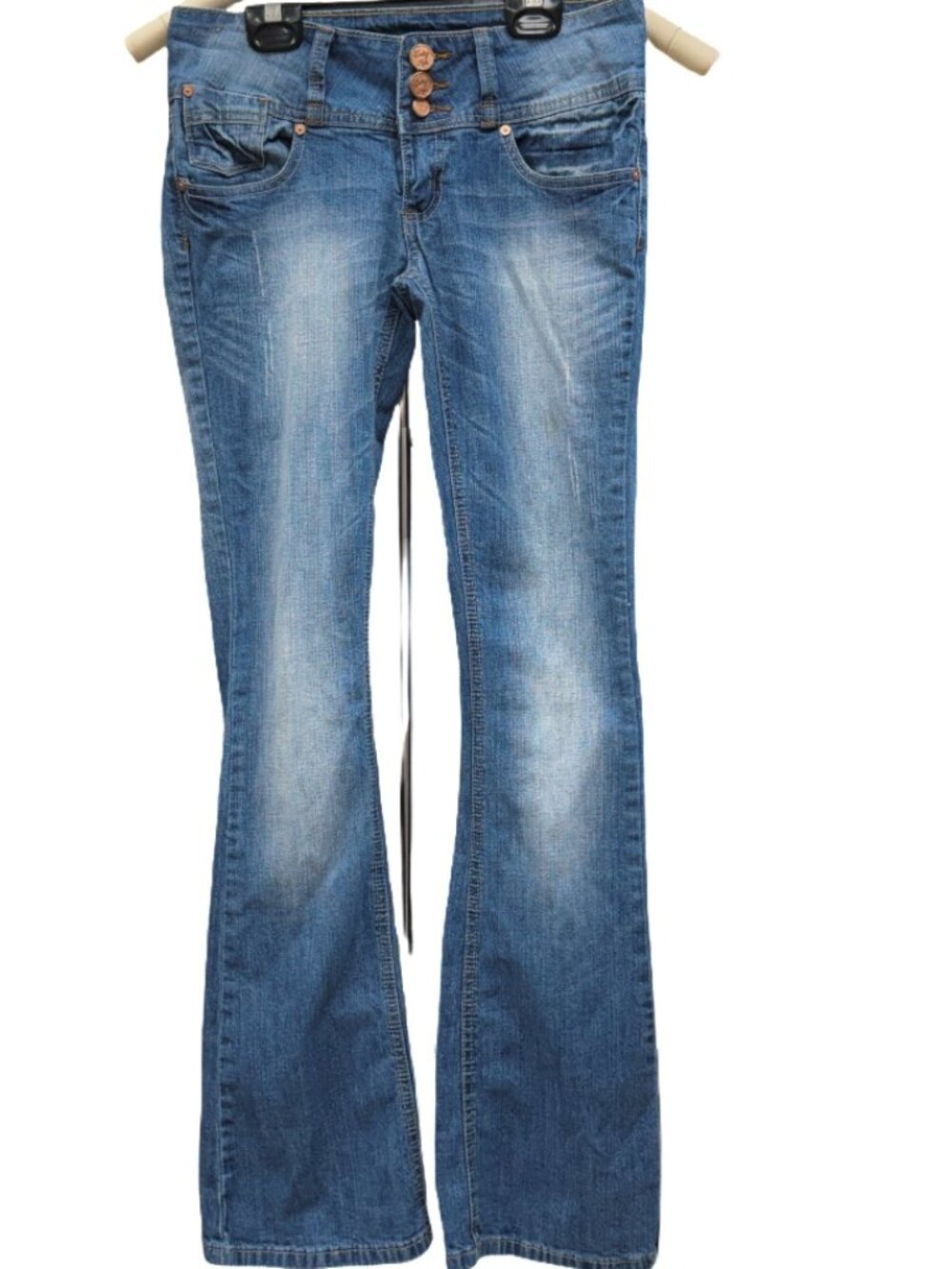 Indigo Rein Blue Denium Mid Rise Boot Cut Jeans Mid Wash Triple Buton Zip Front